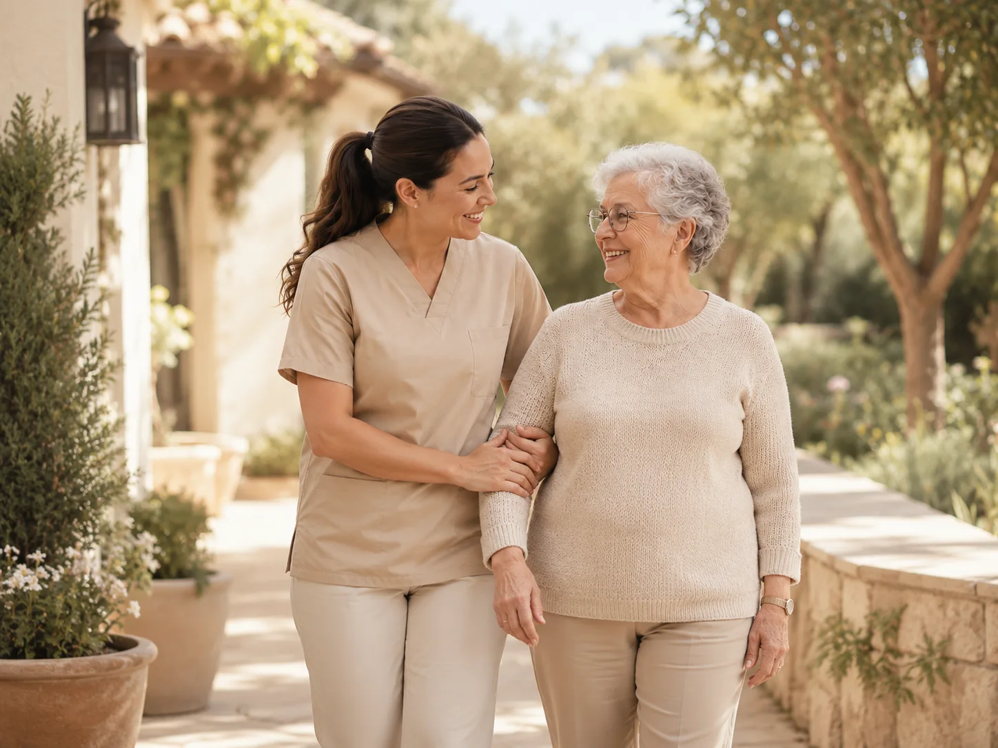 A caregiver walking with an older adult outside a Southern California home