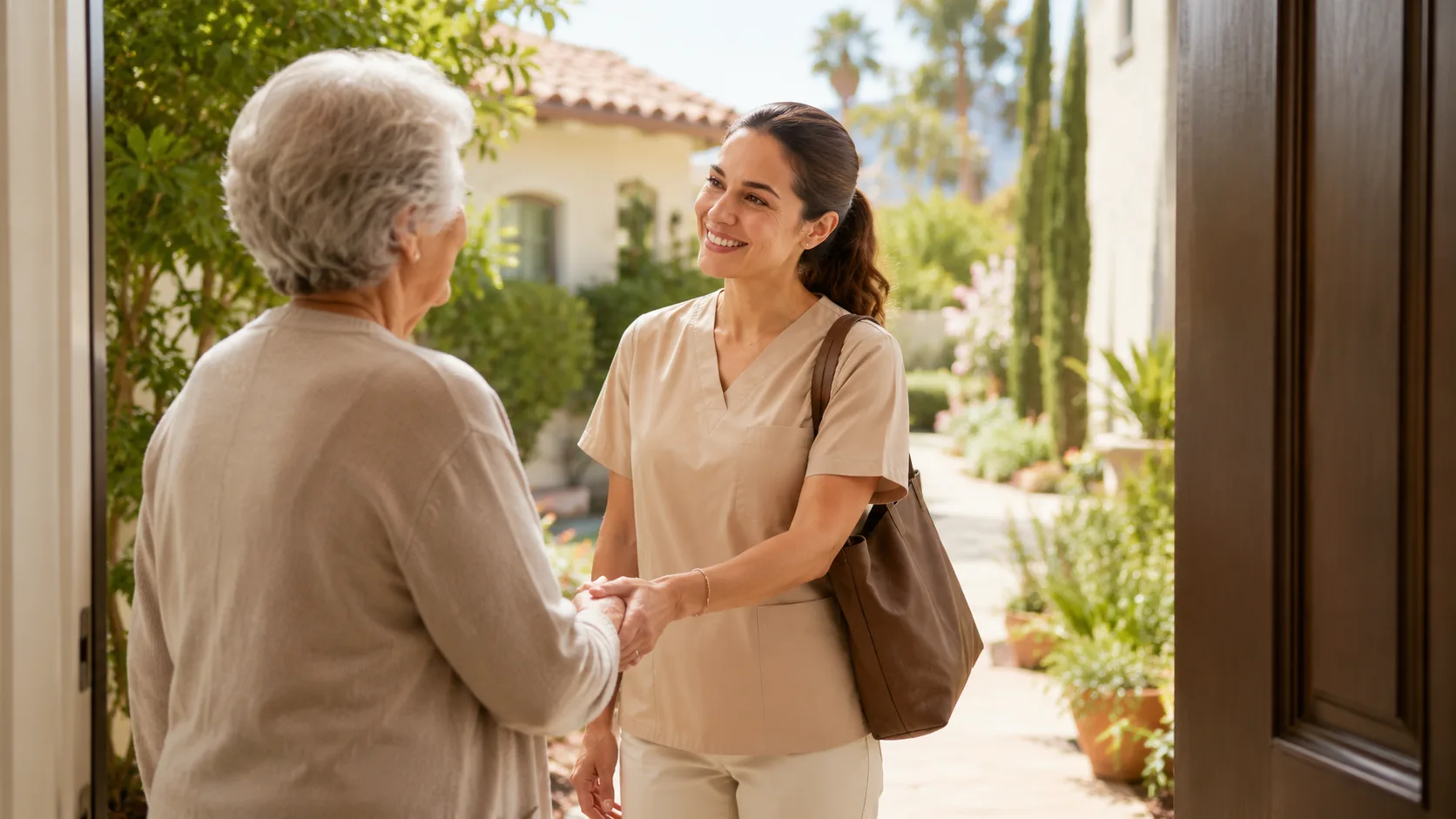 A caregiver greeting an older adult at the entrance to her home