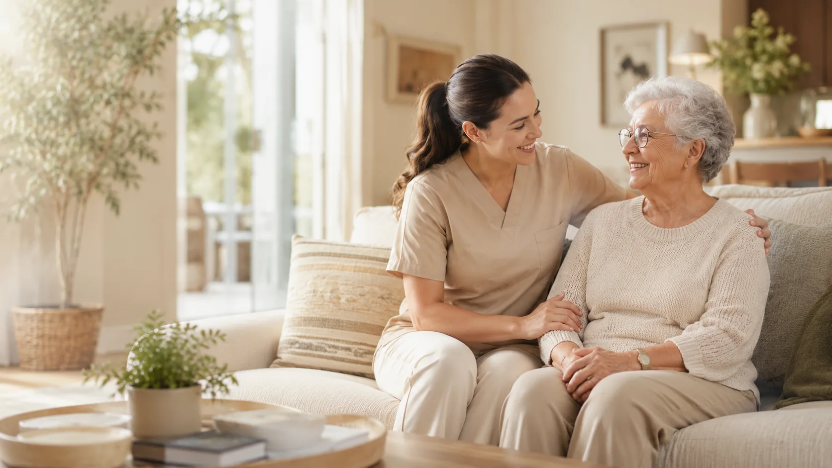 A caregiver sharing a warm moment with an older adult at home